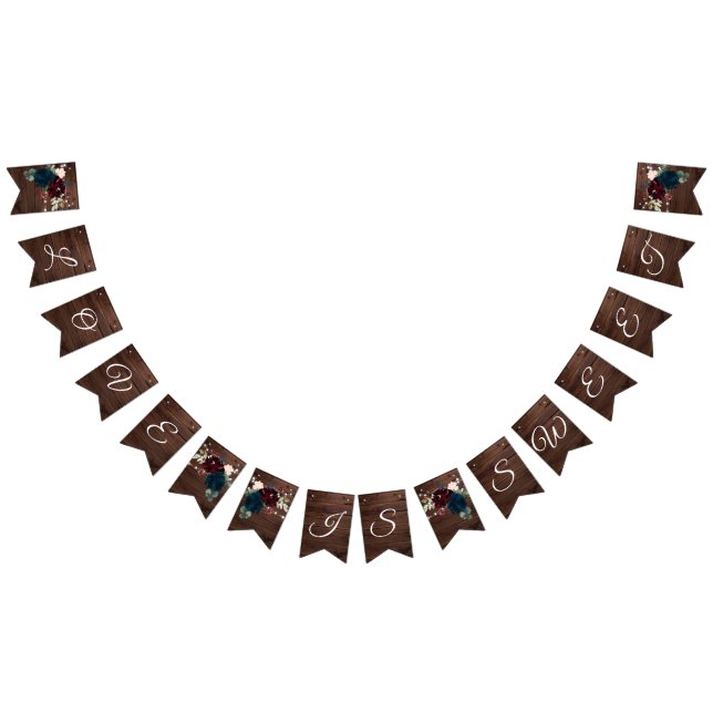 Marsala & Navy Flowers Rustic Wood Wedding Bunting (All)