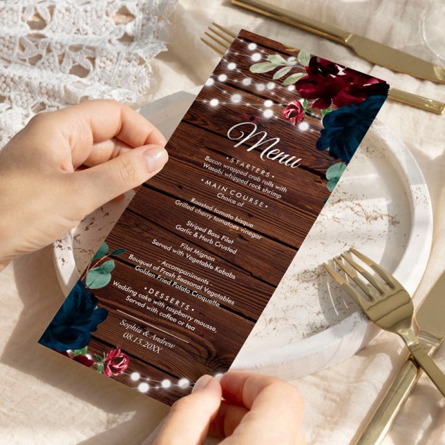 Marsala & Navy Flowers Rustic Wood Wedding Menu (Creator Uploaded)
