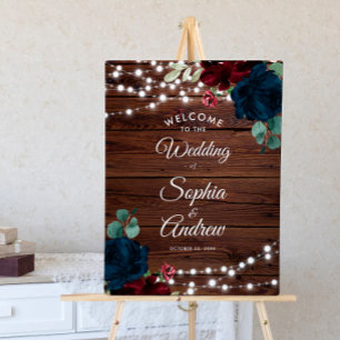 Marsala & Navy Flowers Rustic Wood Wedding Welcome Poster