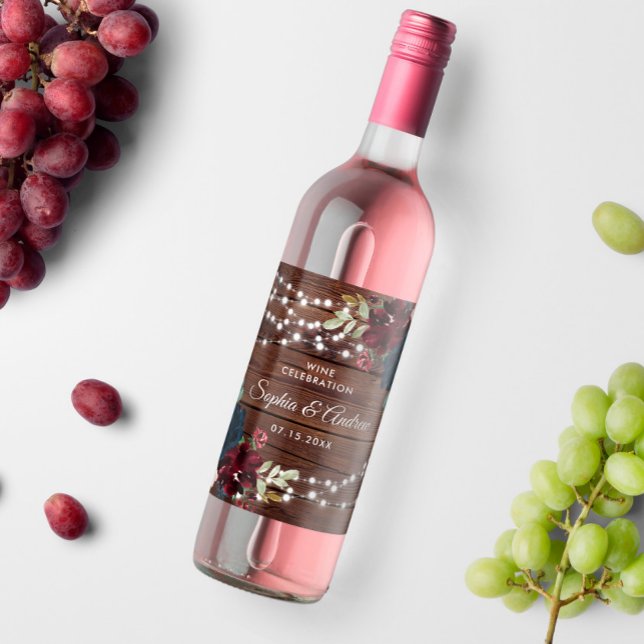 Marsala & Navy Flowers Rustic Wood Wedding  Wine Label (Creator Uploaded)