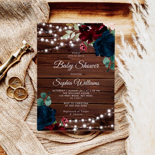 Marsala & Navy Rustic Wood Baby Shower Invitation (Creator Uploaded)
