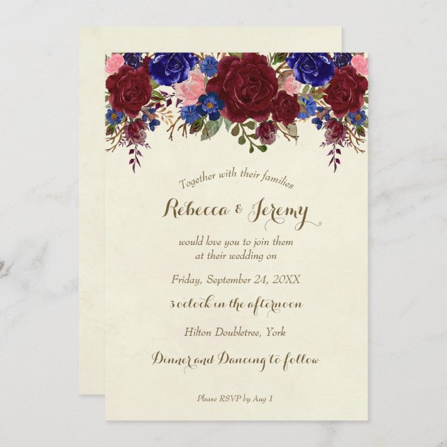 marsala navy wedding invitation modern floral (Front/Back)