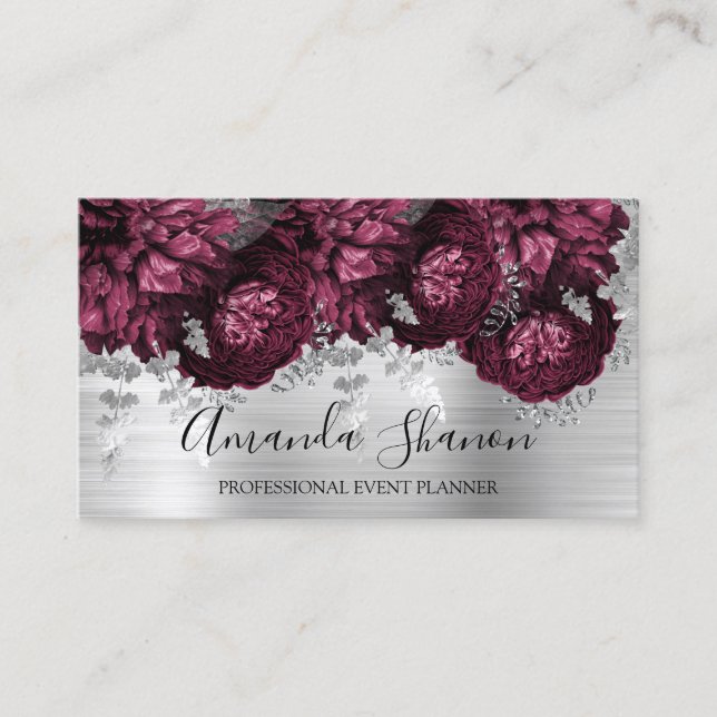  Marsala Peony Flowers Silver Logo Event Planner  Business Card (Front)