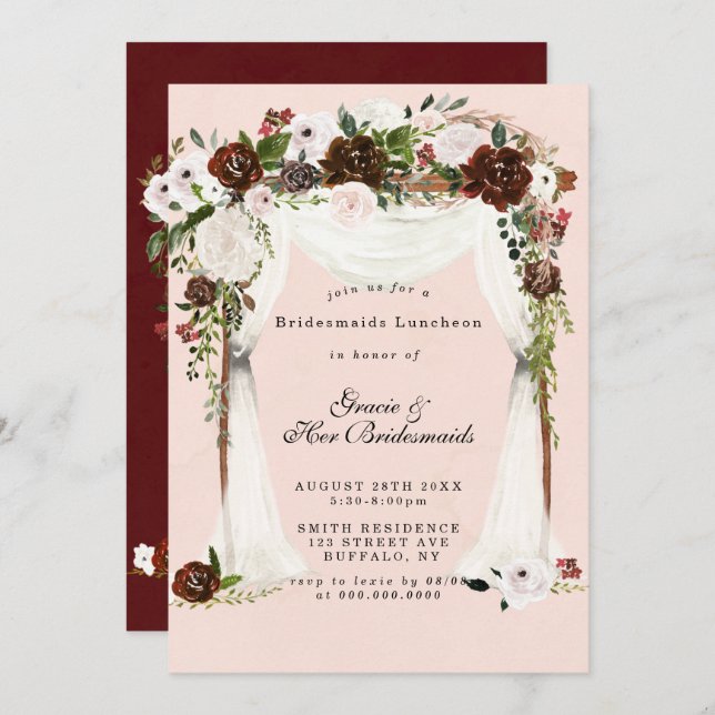 Marsala Pink Canopy Bridesmaids Luncheon Invites (Front/Back)