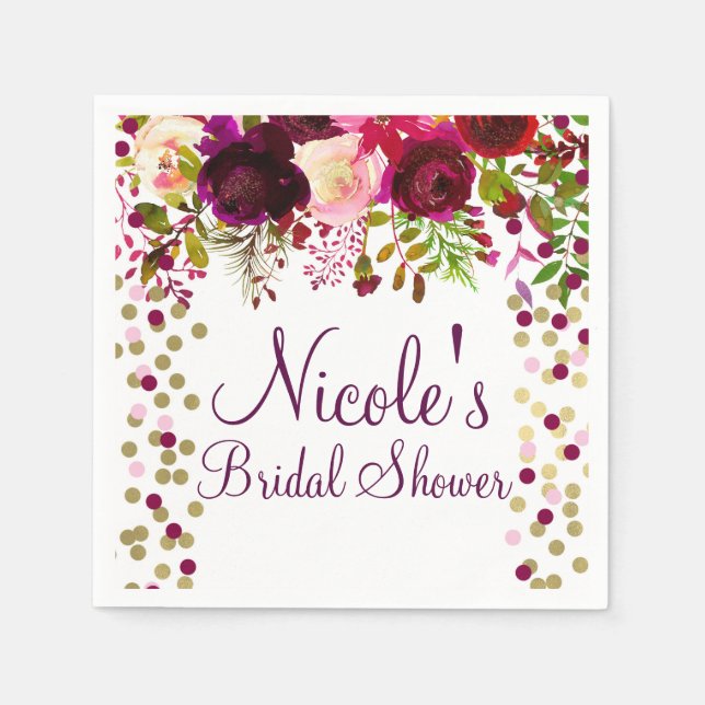 Marsala Pink Floral Gold Burgundy Bridal Shower Napkin (Front)
