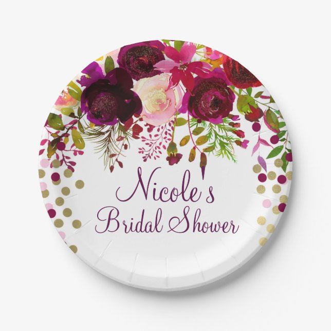 Marsala Pink Floral Gold Burgundy Bridal Shower Paper Plate (Front)