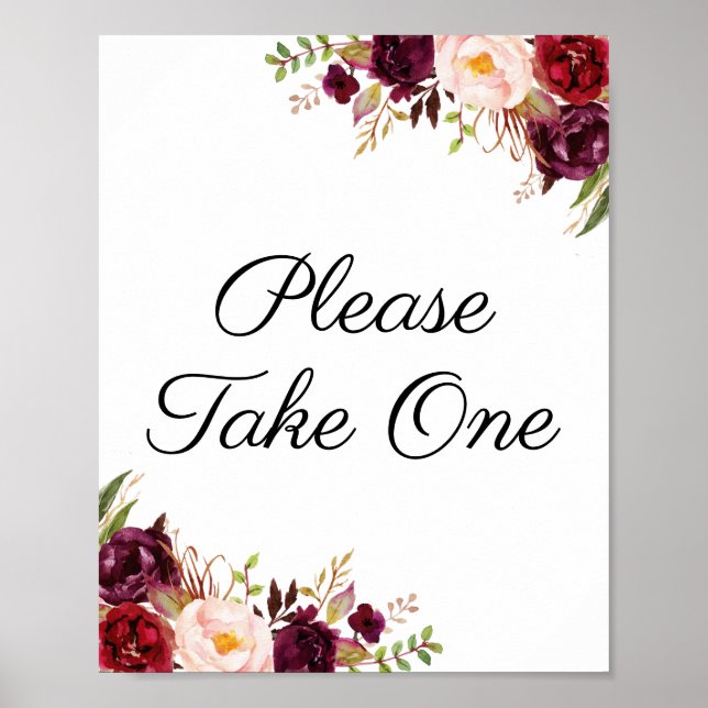 Marsala & Pink Floral Please Take One Sign Poster (Front)