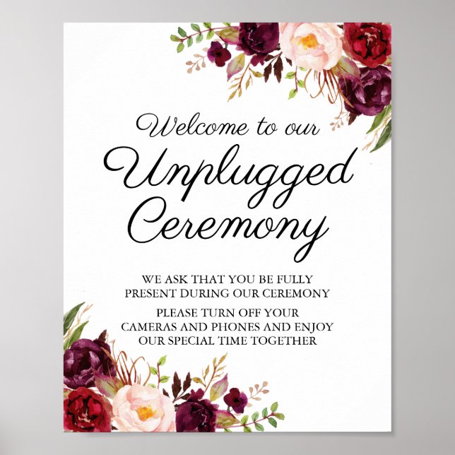 Marsala & Pink Floral Unplugged Ceremony Sign (Front)