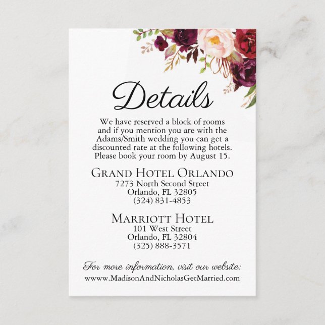 Marsala & Pink Floral Wedding Details Card Inserts (Front)