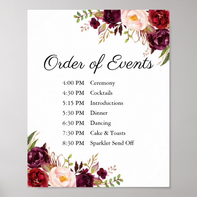 Marsala Pink Floral Wedding Order of Events Sign (Front)