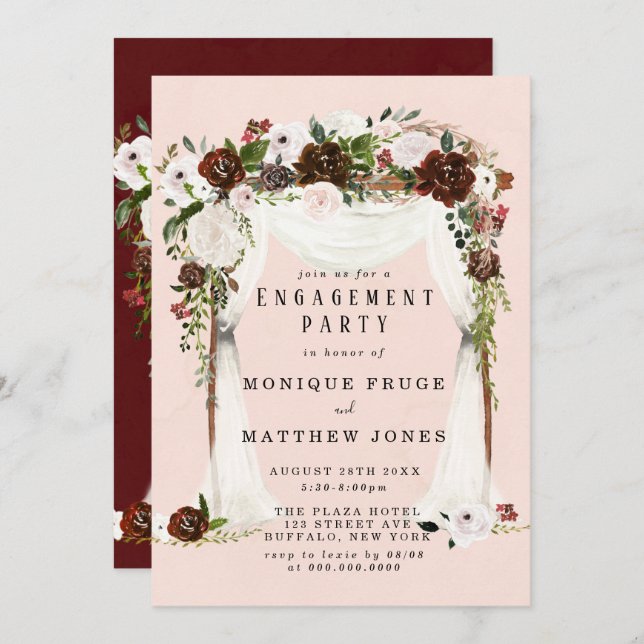 Marsala Pink Floral White Canopy Engagement Party Invitation (Front/Back)