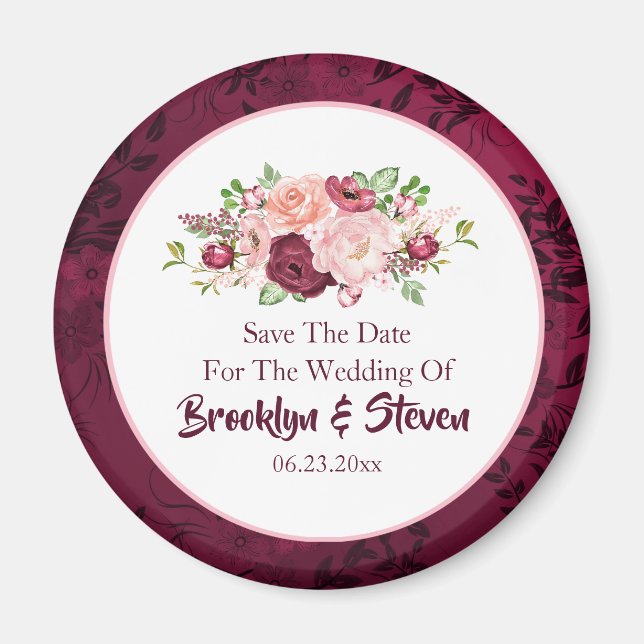 Marsala & Pink Peony Save The Date Magnet (Front)