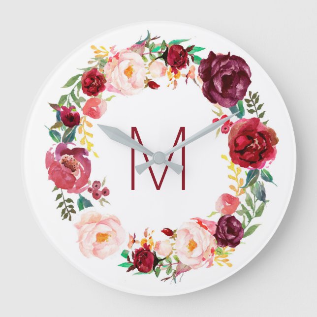 marsala pink  red watercolor flowers monogram large clock (Front)