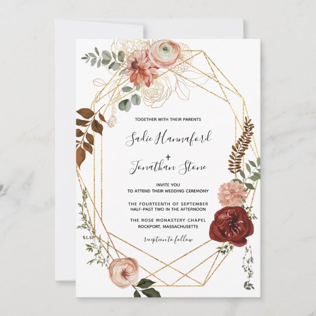 Marsala Pink Terracotta Floral Geometric Wedding I Invitation (Front)