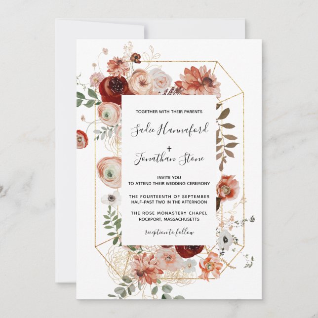 Marsala Pink Terracotta Floral Geometric Wedding Invitation (Front)