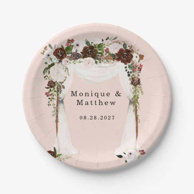 Marsala Pink Watercolor Floral Canopy Wedding Paper Plate (Front)