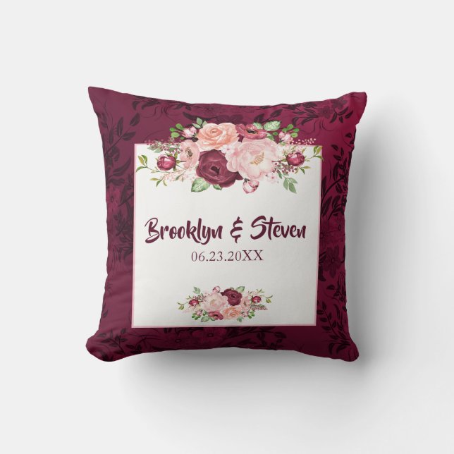 Marsala & Pink Watercolor Peony Wedding Pillow (Front)