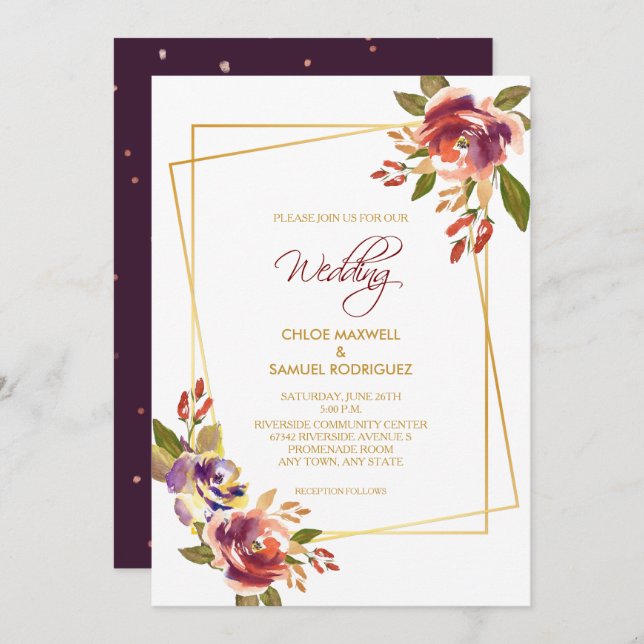Marsala Plum Roses Floral Wedding Invitation (Front/Back)