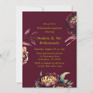 Marsala Red and Gold Peony Bridesmaids Luncheon Invitation