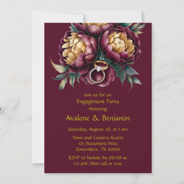 Marsala Red and Gold Peony Engagement Party Invitation (Front)