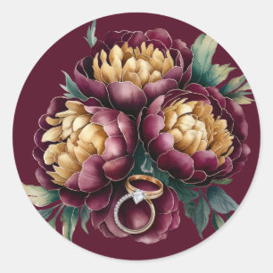 Marsala Red and Gold Peony with Wedding Rings Classic Round Sticker