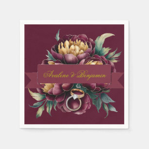 Marsala Red and Gold Peony with Wedding Rings Napkin