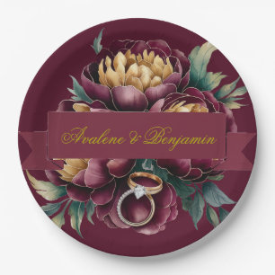 Marsala Red and Gold Peony with Wedding Rings Paper Plate