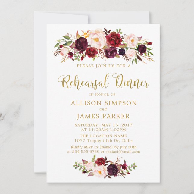 Marsala Red Autumn Gold Rehearsal Dinner Card (Front)