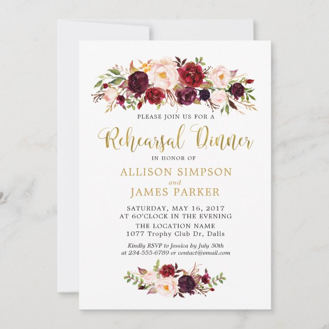 Marsala Red Autumn Gold Rehearsal Dinner Card (Front)