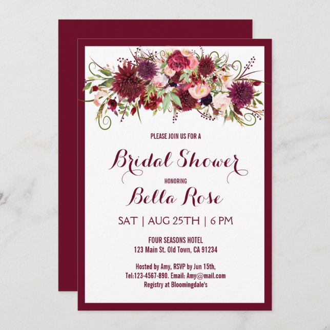 Marsala Red Burgundy Floral Bridal Shower Card (Front/Back)