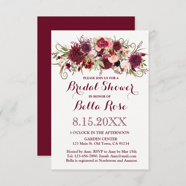 Marsala Red Burgundy Floral Bridal Shower Invite (Front/Back)