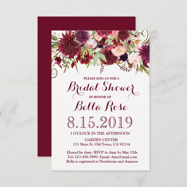 Marsala Red Burgundy Floral Bridal Shower Invite (Front/Back)
