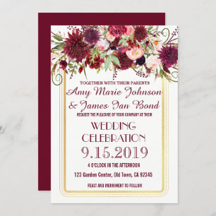 Marsala Red Burgundy Floral Gold Wedding Invite