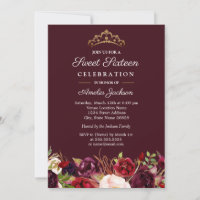 Marsala Red Burgundy Floral Sweet 16 Invitation