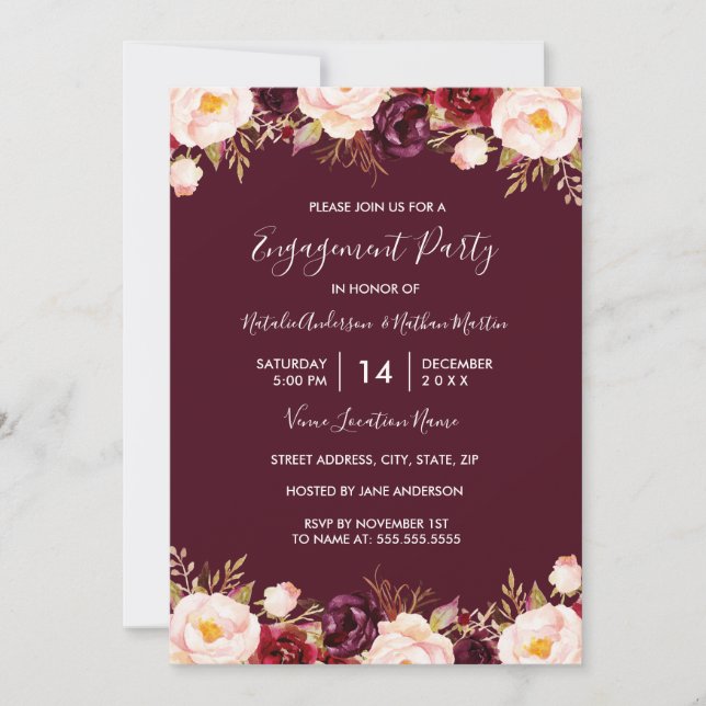 Marsala Red Burgundy Watercolor Engagement Party Invitation (Front)