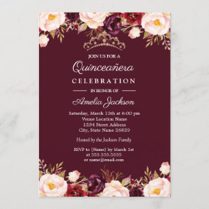 Marsala Red Burgundy Watercolor Floral Quinceanera Invitation