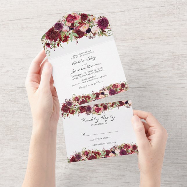 Marsala Red Burgundy Wedding All in One Invitation (Tearaway)