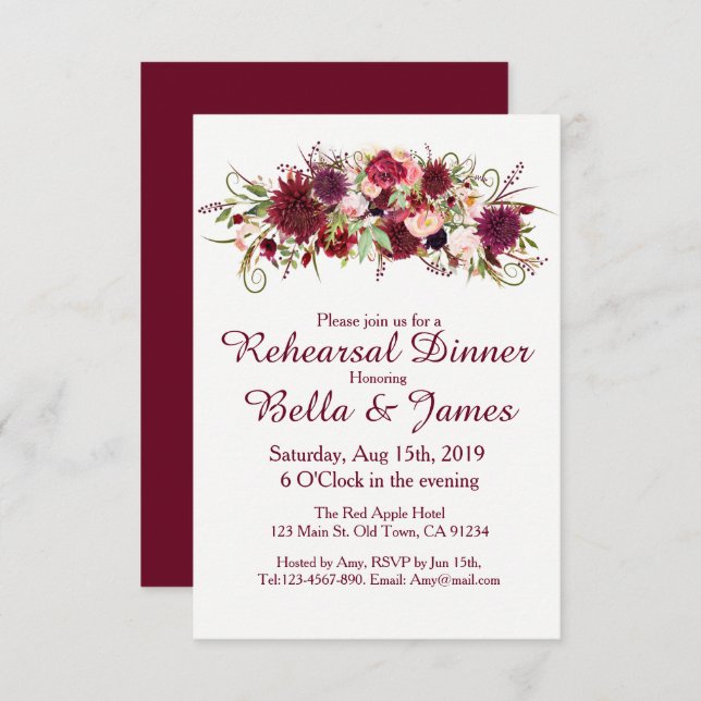 Marsala Red Burgundy Wedding Rehearsal Invitations (Front/Back)