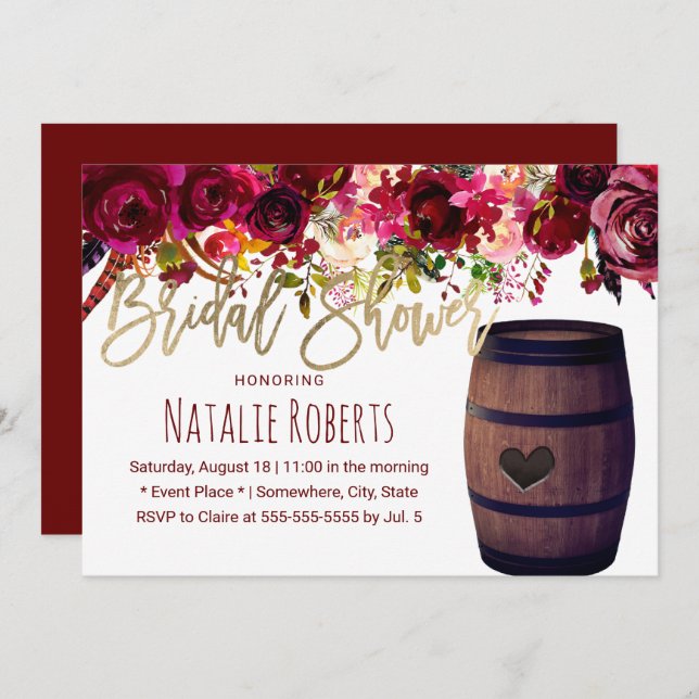 Marsala Red Floral Wine Barrel Bridal Shower Invitation (Front/Back)