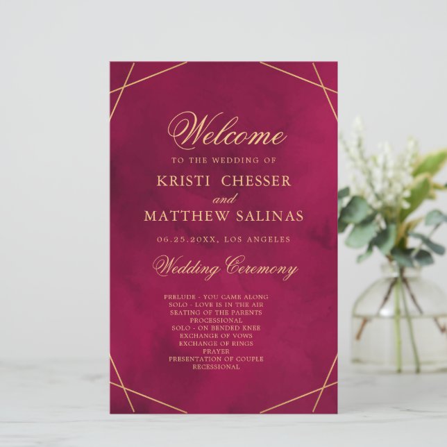 Marsala Red Modern Watercolor Wedding Program Card (Standing Front)
