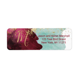 Marsala Red Teal Watercolor Gold Splash Address