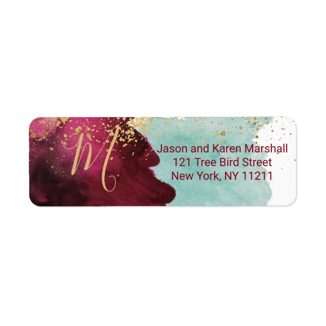 Marsala Red Teal Watercolor Gold Splash Address (Front)