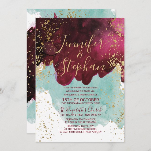 Marsala Red Teal Watercolor Gold Splash Wedding Invitation (Front/Back)