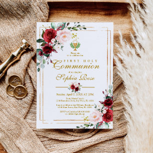 Marsala Rose & Gold Chalice First Holy Communion Invitation