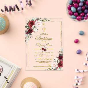 Marsala Rose & Gold Frame Girl Baptism Acrylic Invitations