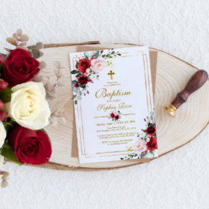 Marsala Rose & Gold Frame Girl Baptism Invitation