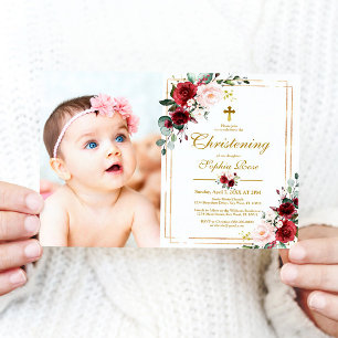 Marsala Rose & Gold Frame Photo Girl Christening Invitation