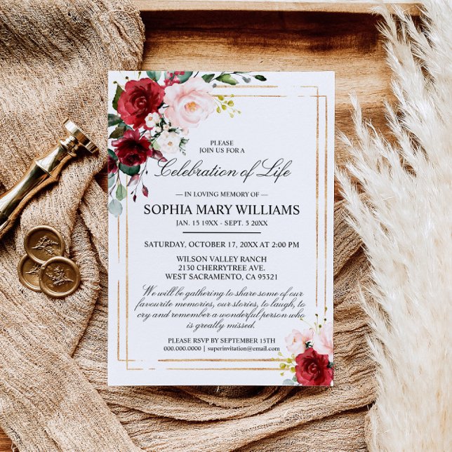 Marsala Rose & Gold Funeral Celebration of Life Invitation (Creator Uploaded)
