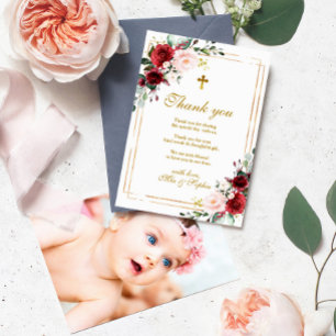 Marsala Rose & Gold Photo Baptism Thank You Card