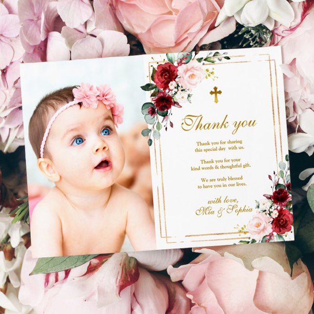Marsala Rose & Gold Photo Baptism Thank You Card (Creator Uploaded)